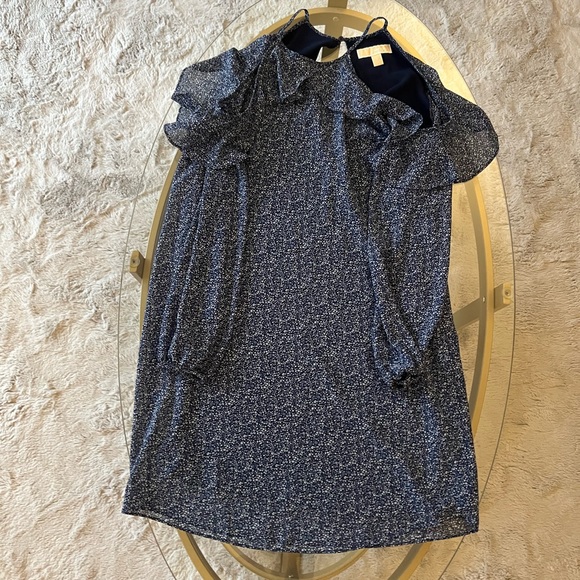 Michael Kors Blue Floral Print Ruffle Trim Cold Shoulder Poly Chiffon Dress - Picture 4 of 8